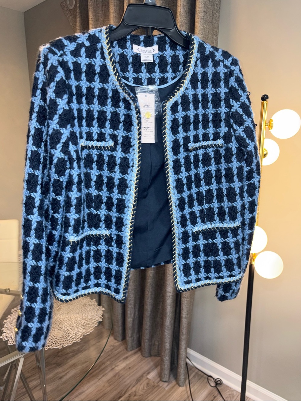 Nanette Lepore Blue and Black Tweed Open-Front Jacket - Picture 1 of 5